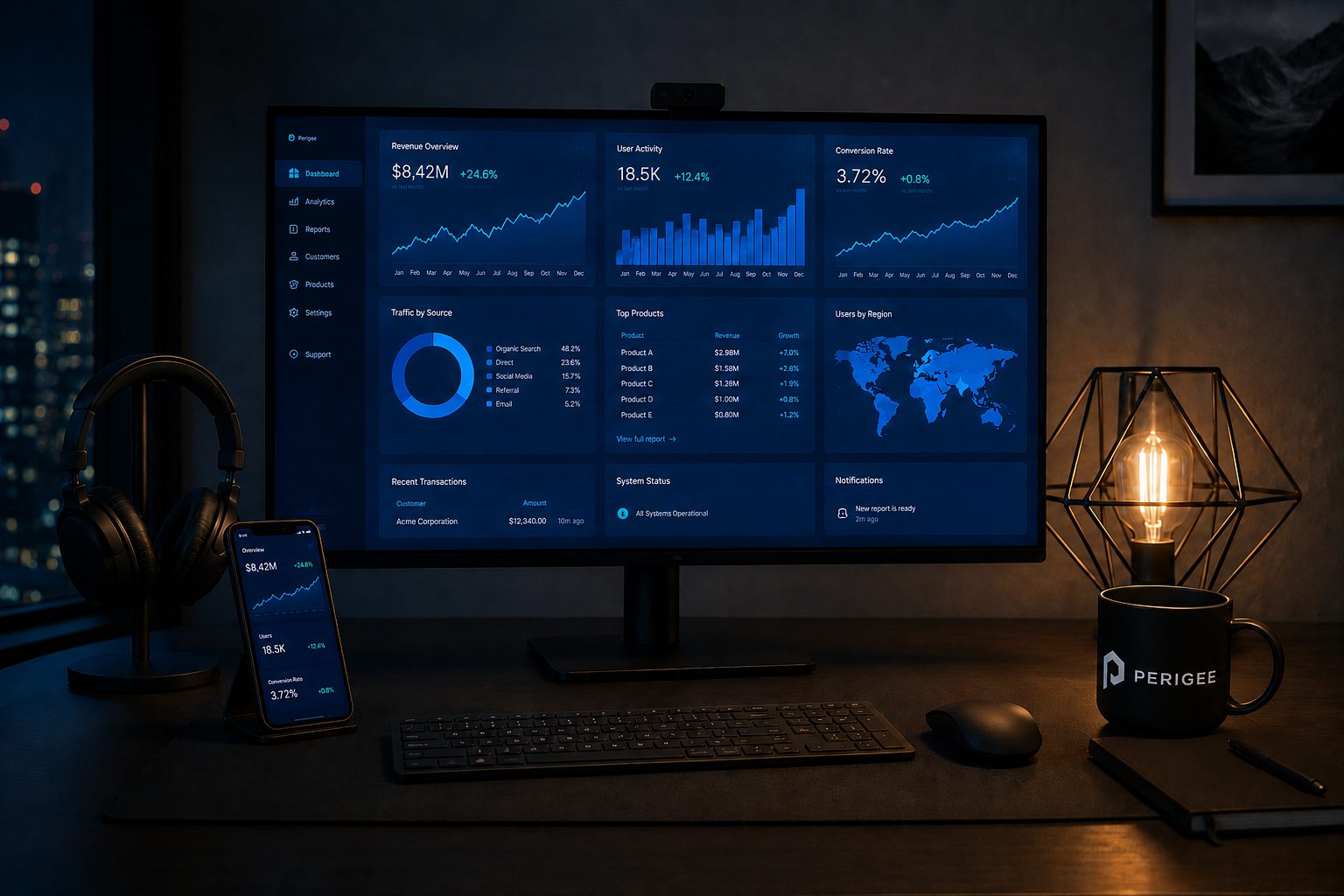 Dark modern workstation with a blue dashboard monitor, smartphone, headset, mouse, and warm geometric desk lighting.
