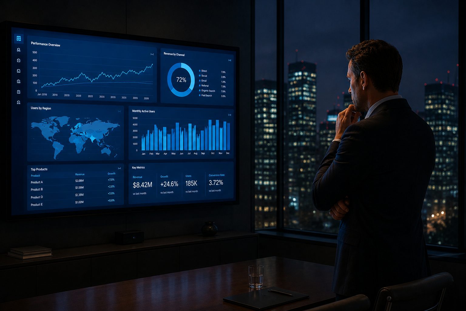 Man in a suit studies a blue analytics dashboard in a dark conference room overlooking a city at night.